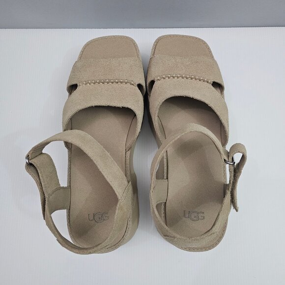 NEW UGG New Heights Sandal Womens 12 Tan Suede Platform Chunky Wedge Ankle Strap - Picture 10 of 14